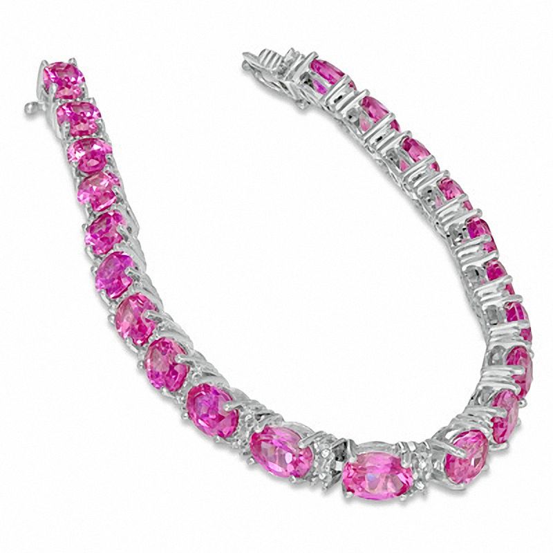 Main Image 2 of Oval Lab-Created Pink Sapphire and Diamond Accent Bracelet in Sterling Silver - 7.25"