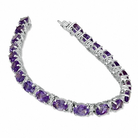 Oval Amethyst and Diamond Accent Bracelet in Sterling Silver - 7.25"