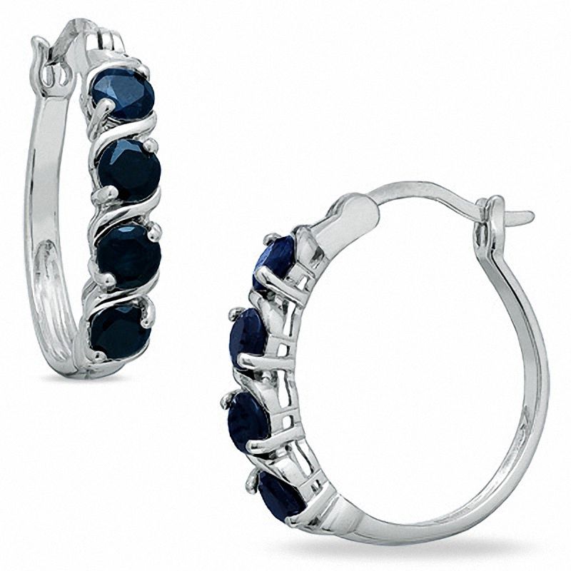 Blue Sapphire Hoop Earrings in Sterling Silver with Platinum Plating