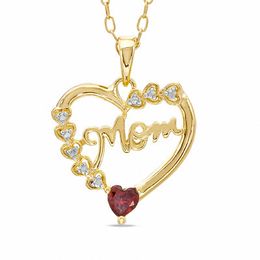 Garnet and Diamond Accent Heart &quot;MOM&quot; Pendant in Yellow-Tone Sterling Silver