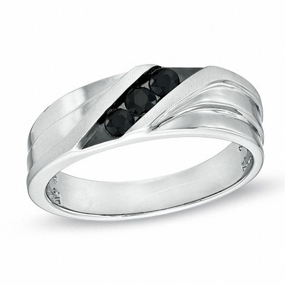 Black Sapphire Three Stone Slant Band in 10K White Gold