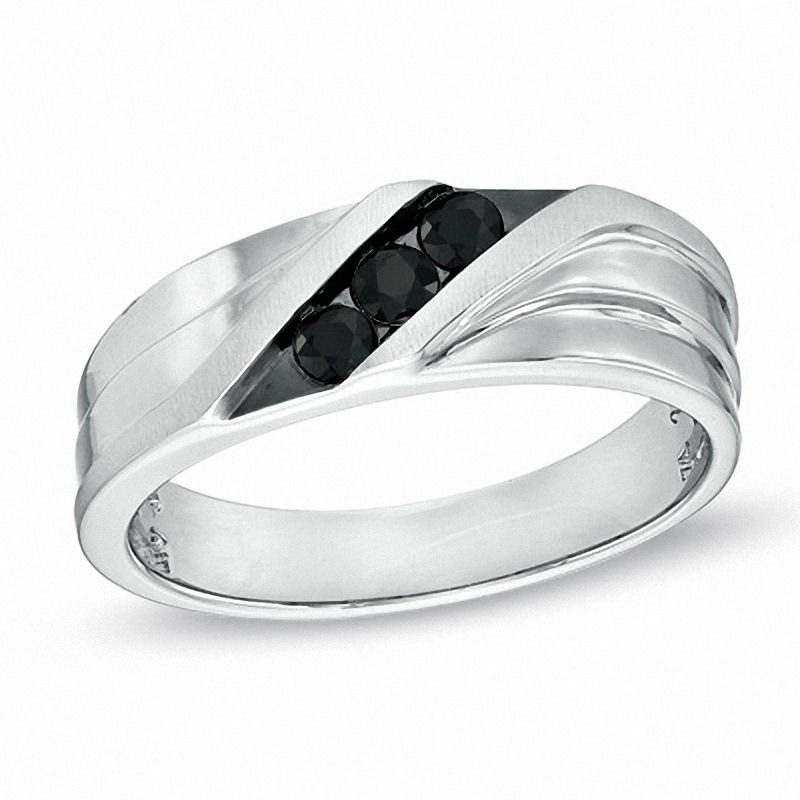 Main Image 1 of Black Sapphire Three Stone Slant Band in 10K White Gold