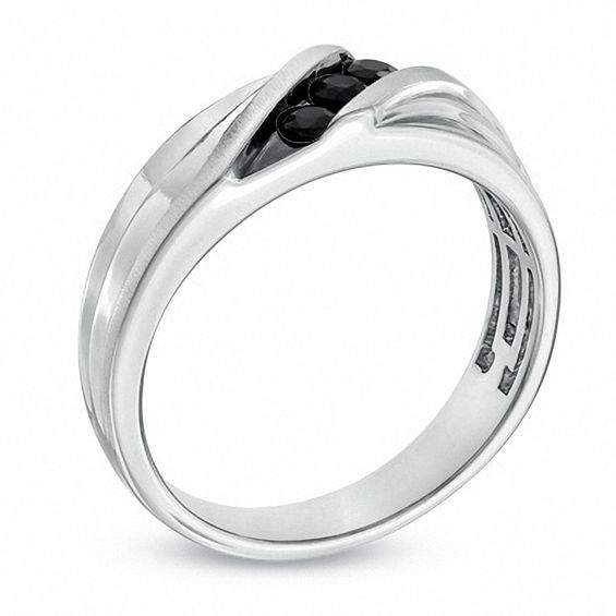 Men's Black Sapphire Three Stone Slant Band in 10K White Gold