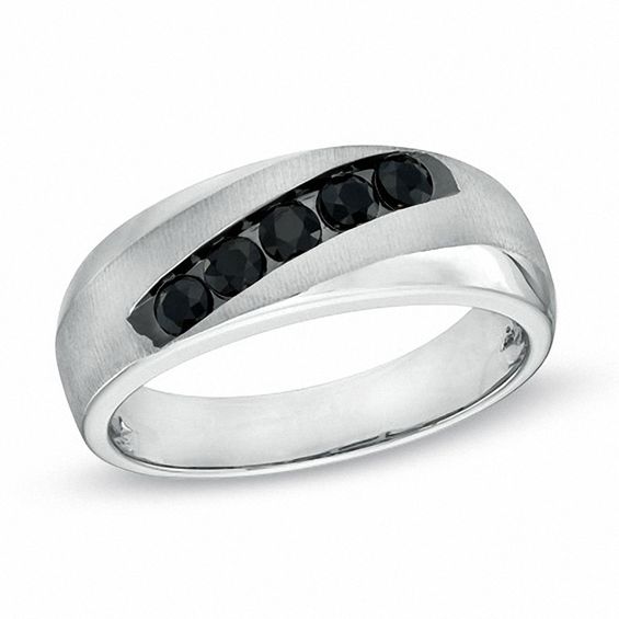 Black Blue Sapphire Five Stone Slant Band in 10K White Gold