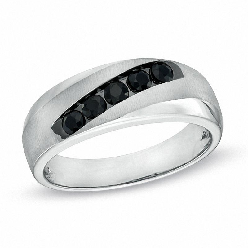 Main Image 1 of Black Blue Sapphire Five Stone Slant Band in 10K White Gold