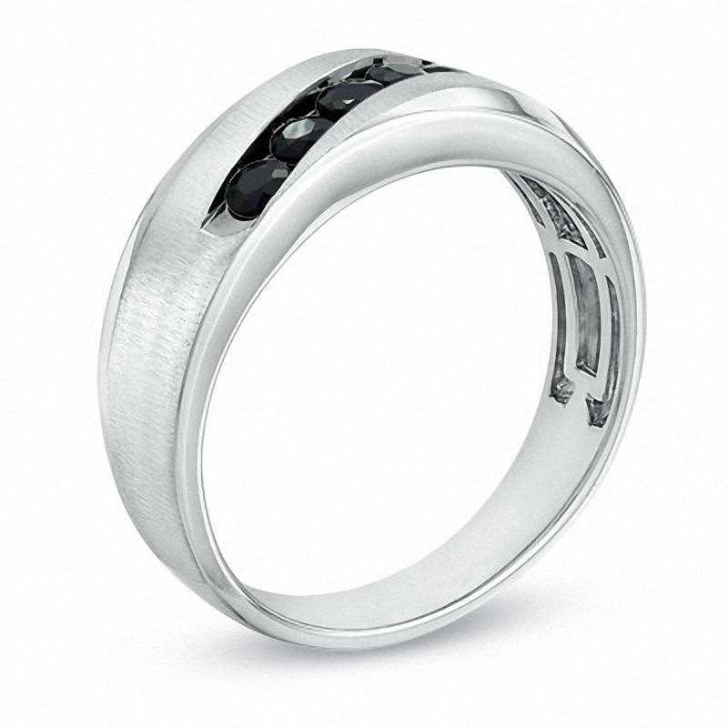 Men's Black Blue Sapphire Five Stone Slant Band in 10K White Gold