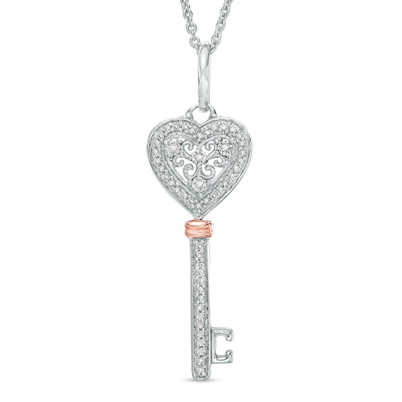 1/8 CT. T.w. Diamond Heart Top Key Pendant in Sterling Silver and 10K Rose Gold