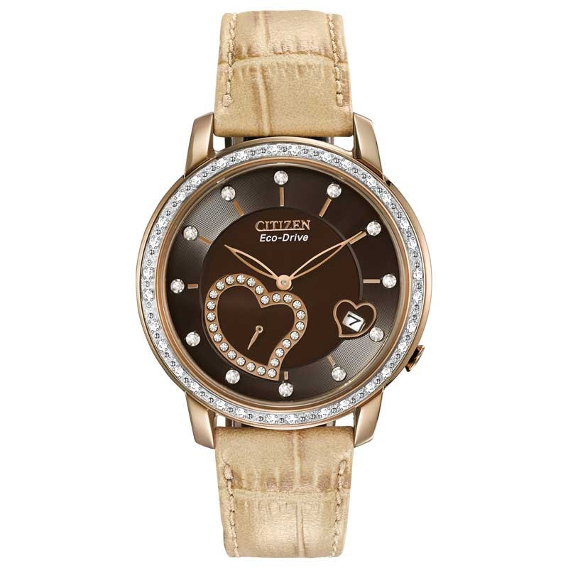 Ladies' Citizen Eco-Drive® Desire Diamond Accent Rose-Tone Watch with Hearts and Brown Dial (Model: EV1003-09X)