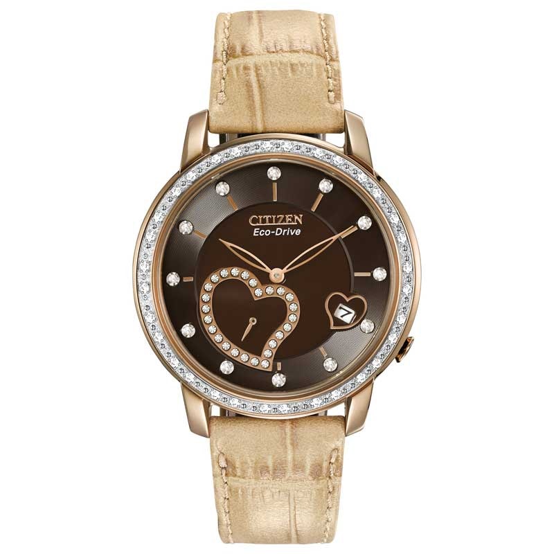 Main Image 1 of Ladies' Citizen Eco-Drive® Desire Diamond Accent Rose-Tone Watch with Hearts and Brown Dial (Model: EV1003-09X)