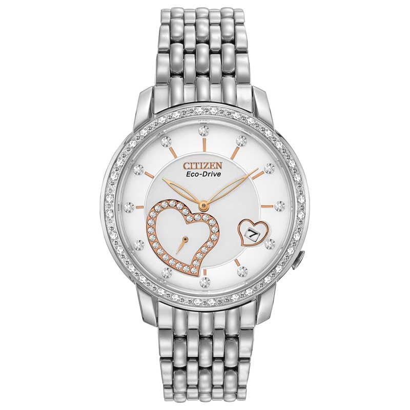 Main Image 1 of Ladies' Citizen Eco-Drive® Desire Diamond Accent Watch with Hearts and White Dial (Model: EV1000-58A)
