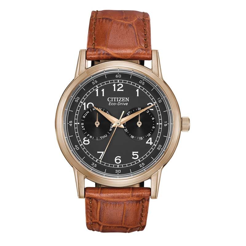 Main Image 1 of Men's Citizen Eco-Drive® Corso Rose-Tone Strap Watch with Black Dial (Model: AO9003-08E)