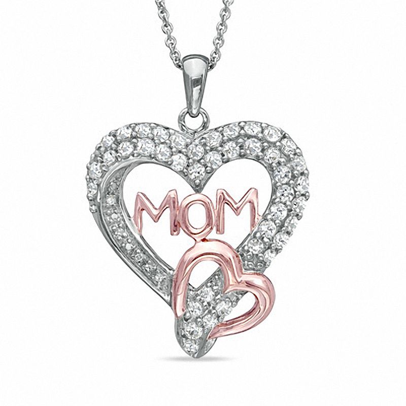 Lab-Created White Sapphire and Diamond Accent "Mom" Heart Pendant in Sterling Silver with Rose Rhodium