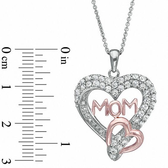 Lab-Created White Sapphire and Diamond Accent Mom Heart Pendant in Sterling Silver with Rose Rhodium