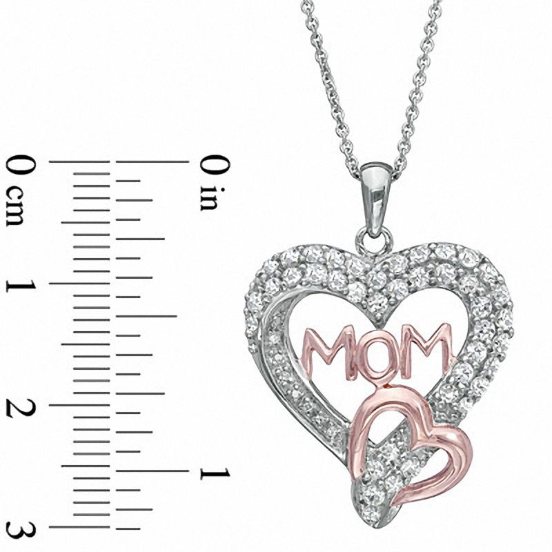 Lab-Created White Sapphire and Diamond Accent "Mom" Heart Pendant in Sterling Silver with Rose Rhodium