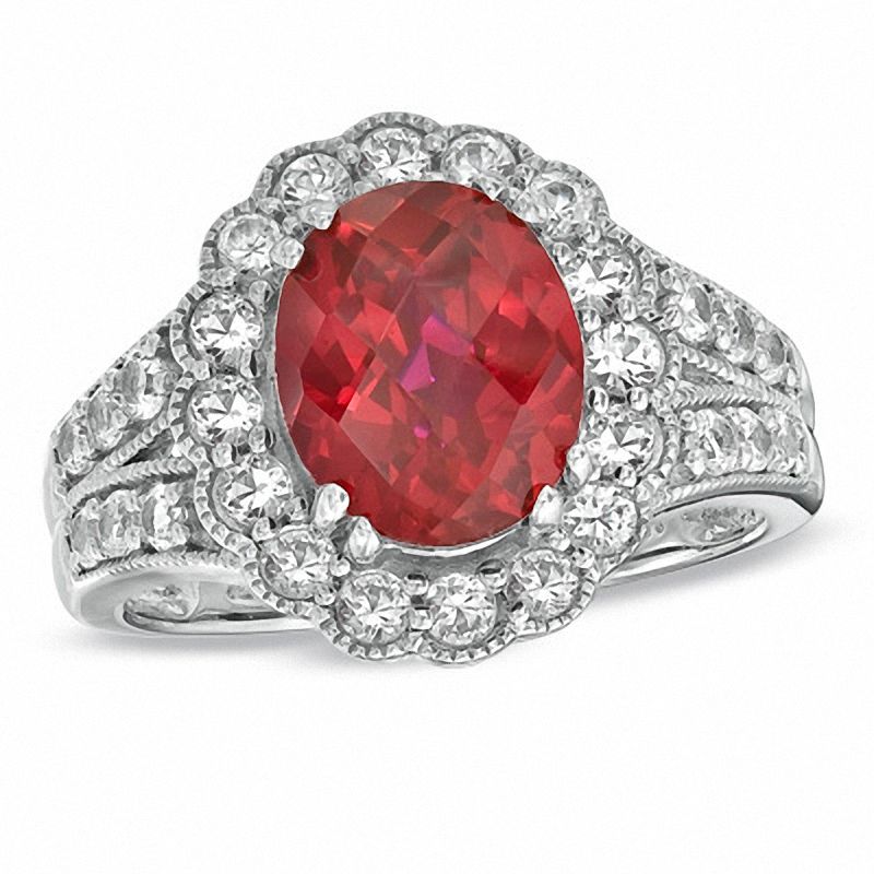 Main Image 1 of Oval Lab-Created Ruby and White Sapphire Frame Ring in Sterling Silver
