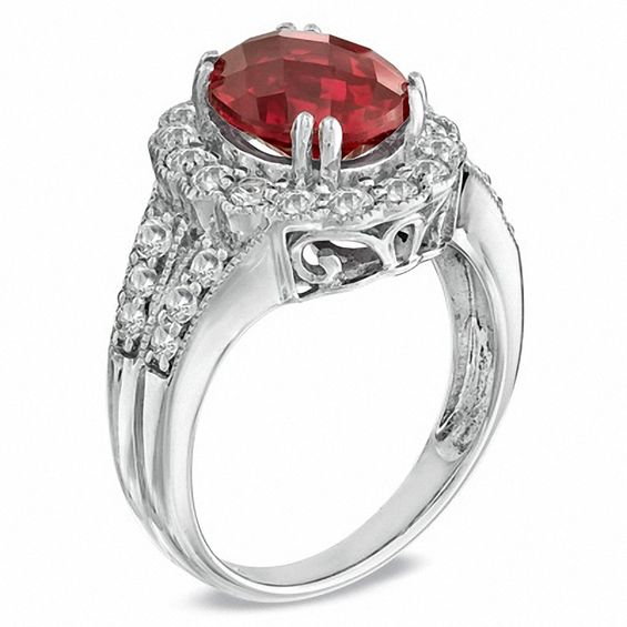 Oval Lab-Created Ruby and White Sapphire Frame Ring in Sterling Silver