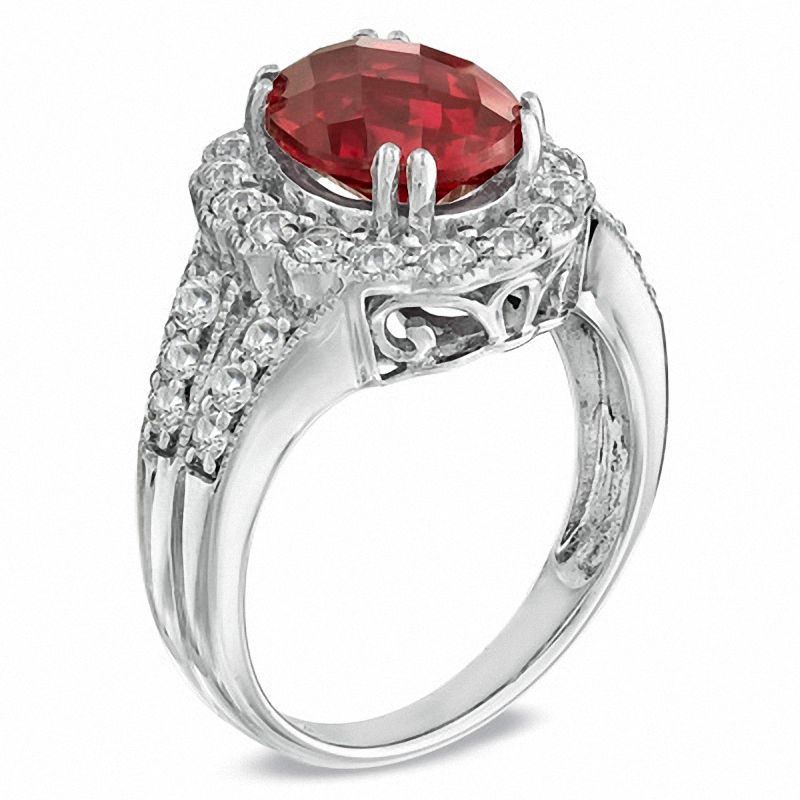 Main Image 2 of Oval Lab-Created Ruby and White Sapphire Frame Ring in Sterling Silver