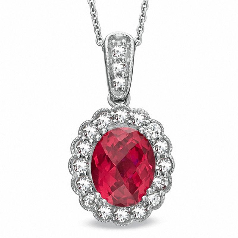 Main Image 1 of Oval Lab-Created Ruby and White Sapphire Frame Pendant in Sterling Silver