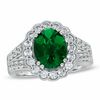 Thumbnail Image 1 of Oval Lab-Created Emerald and White Sapphire Split Shank Scallop Frame Ring in Sterling Silver