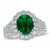 Thumbnail Image 0 of Oval Lab-Created Emerald and White Sapphire Split Shank Scallop Frame Ring in Sterling Silver