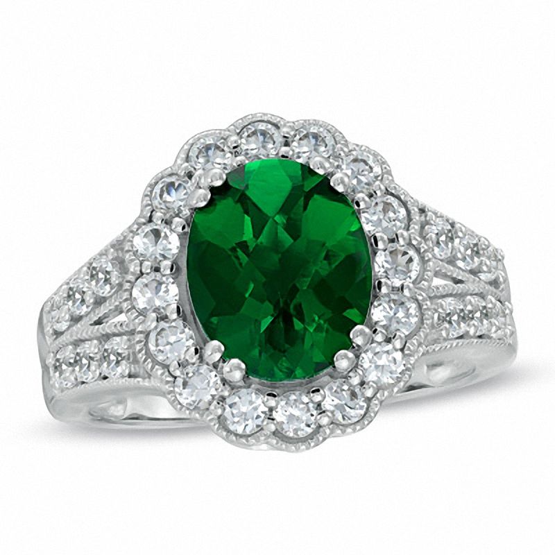 Main Image 1 of Oval Lab-Created Emerald and White Sapphire Split Shank Scallop Frame Ring in Sterling Silver