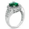 Thumbnail Image 1 of Oval Lab-Created Emerald and White Sapphire Split Shank Scallop Frame Ring in Sterling Silver