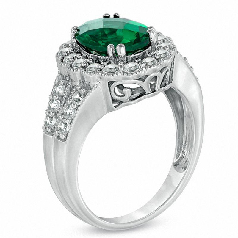 Oval Lab-Created Emerald and White Sapphire Split Shank Scallop Frame Ring in Sterling Silver