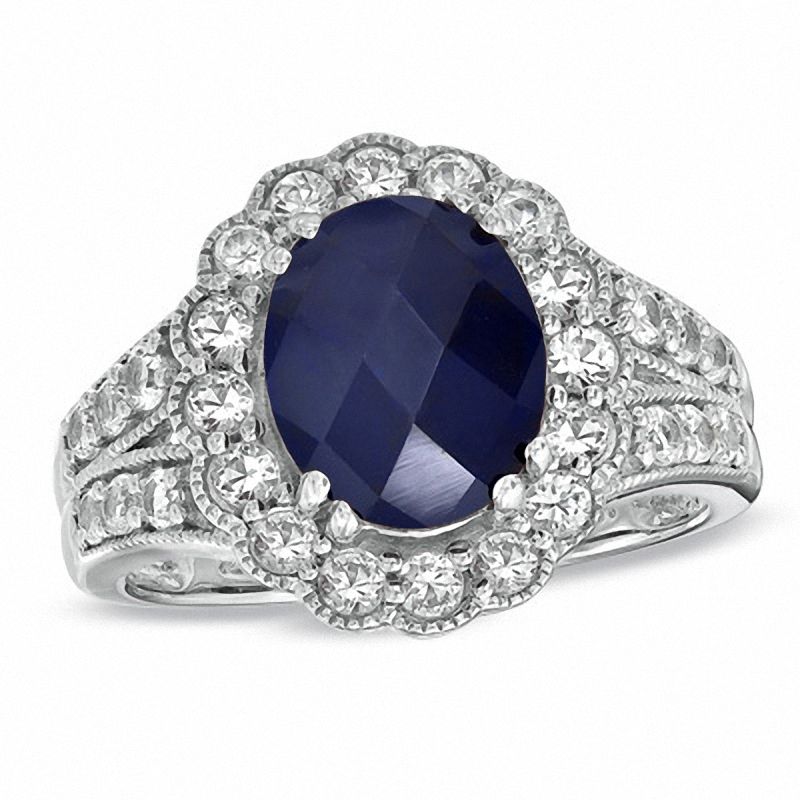 Main Image 1 of Oval Lab-Created Ceylon and White Sapphire Frame Ring in Sterling Silver