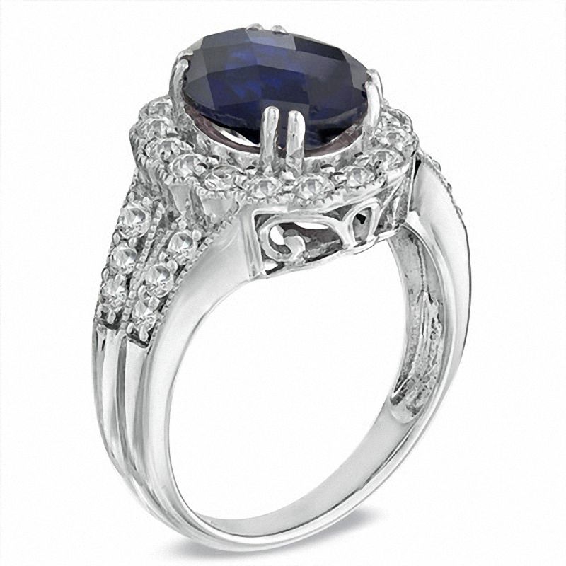 Main Image 2 of Oval Lab-Created Ceylon and White Sapphire Frame Ring in Sterling Silver