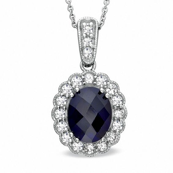 Oval Lab-Created Ceylon and White Sapphire Frame Pendant in Sterling Silver