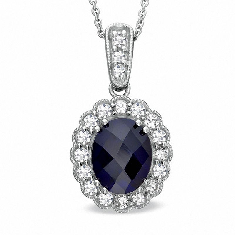 Main Image 1 of Oval Lab-Created Ceylon and White Sapphire Frame Pendant in Sterling Silver