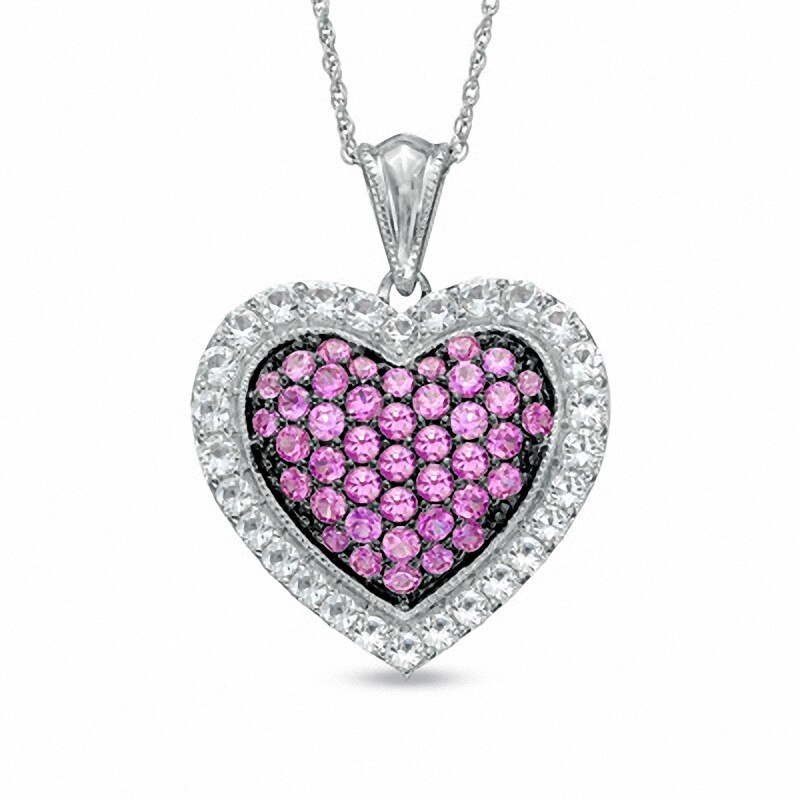 Main Image 1 of Lab-Created Pink and White Sapphire Heart Pendant in Sterling Silver