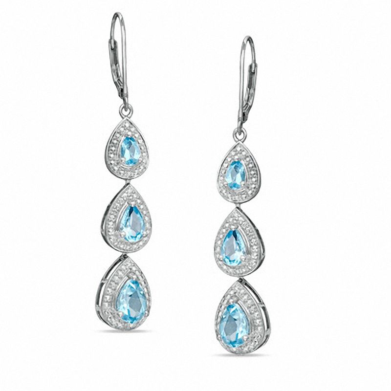Main Image 1 of Pear-Shaped Blue Topaz and Diamond Accent Three Tier Drop Earrings in Sterling Silver