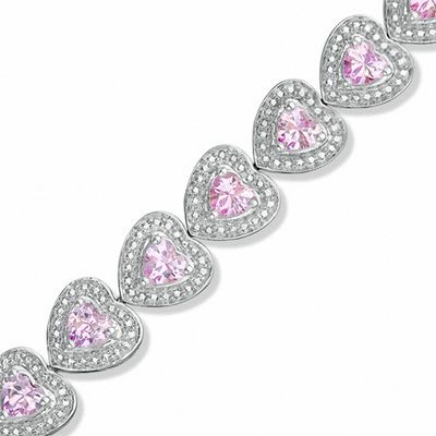 Heart-Shaped Lab-Created Pink Sapphire and Diamond Accent Bracelet in Sterling Silver - 7.25