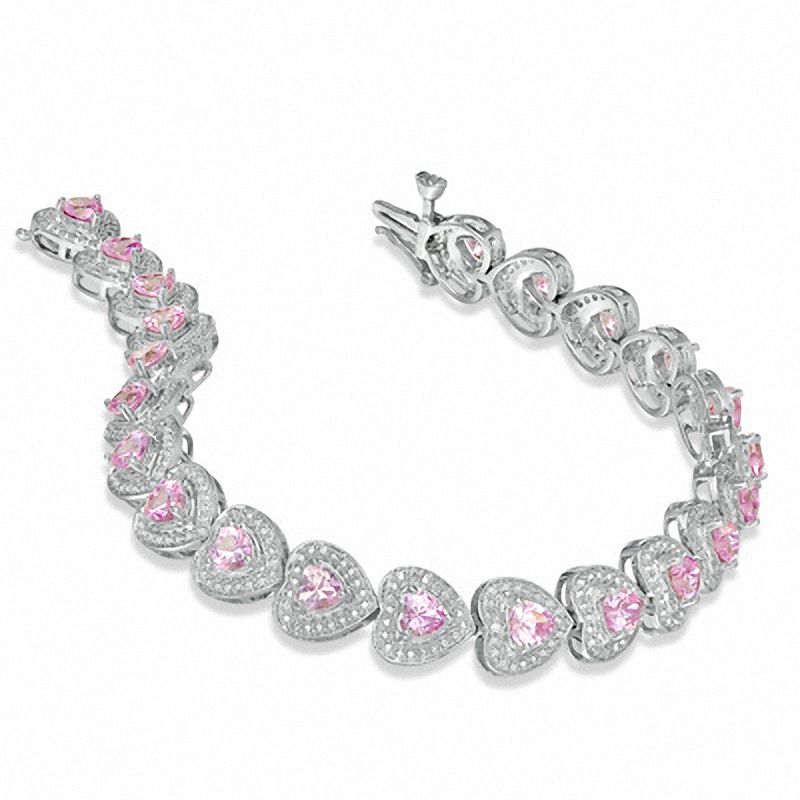 Main Image 2 of Heart-Shaped Lab-Created Pink Sapphire and Diamond Accent Bracelet in Sterling Silver - 7.25"