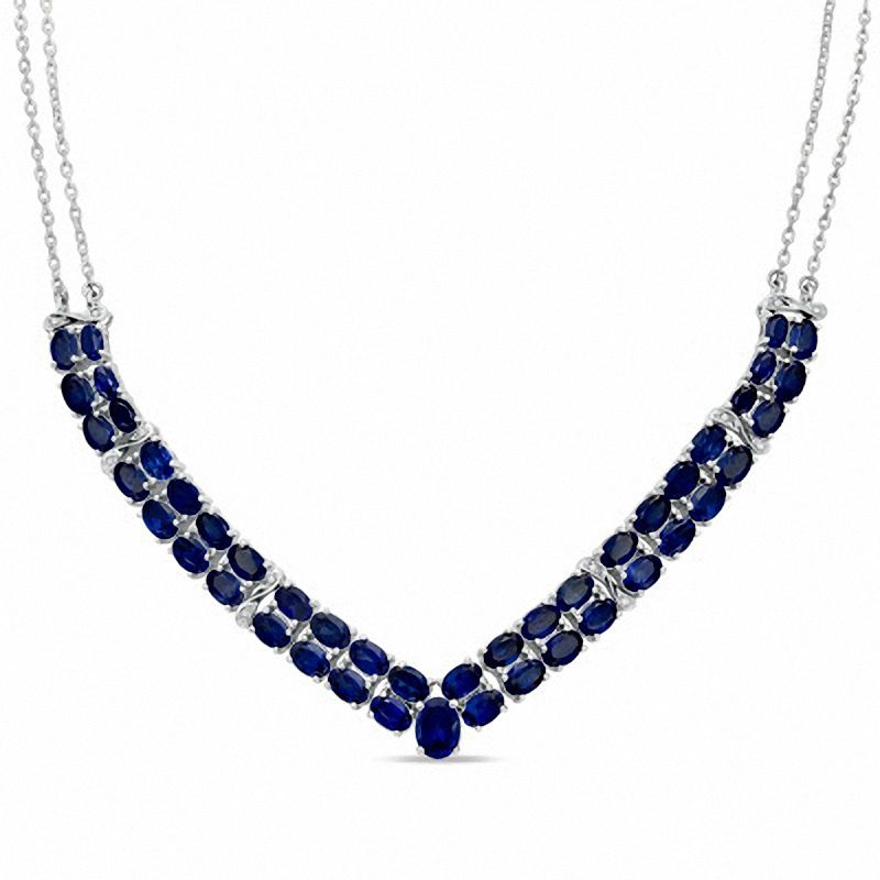 Main Image 1 of Oval Lab-Created Blue Sapphire and Diamond Accent Double Row Chevron Necklace in Sterling Silver