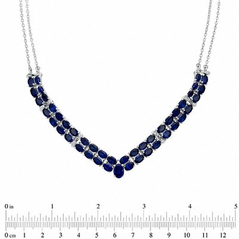 Oval Lab-Created Blue Sapphire and Diamond Accent Double Row Chevron Necklace in Sterling Silver