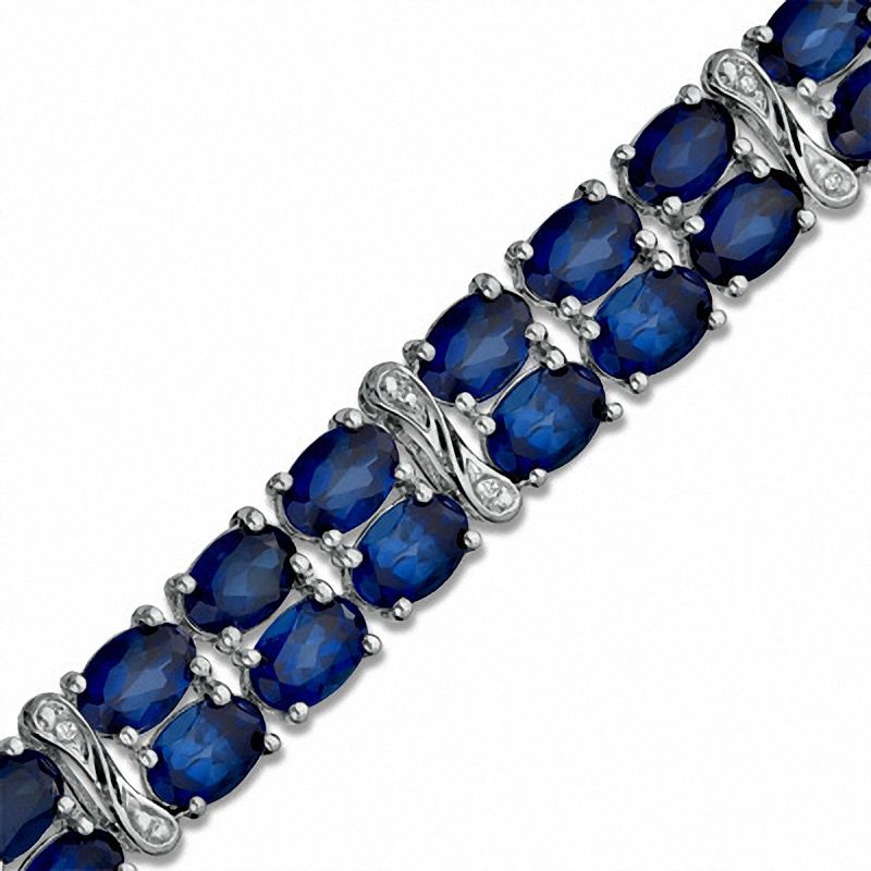 Main Image 1 of Oval Lab-Created Blue Sapphire and Diamond Accent Double Row Bracelet in Sterling Silver - 7.25"