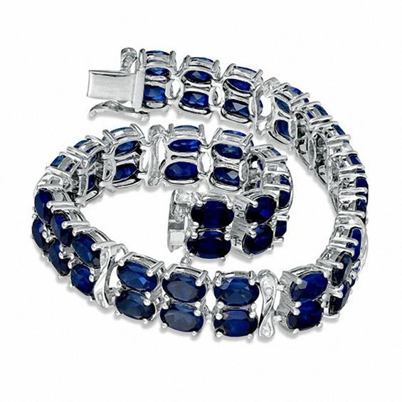 Oval Lab-Created Blue Sapphire and Diamond Accent Double Row Bracelet in Sterling Silver - 7.25"