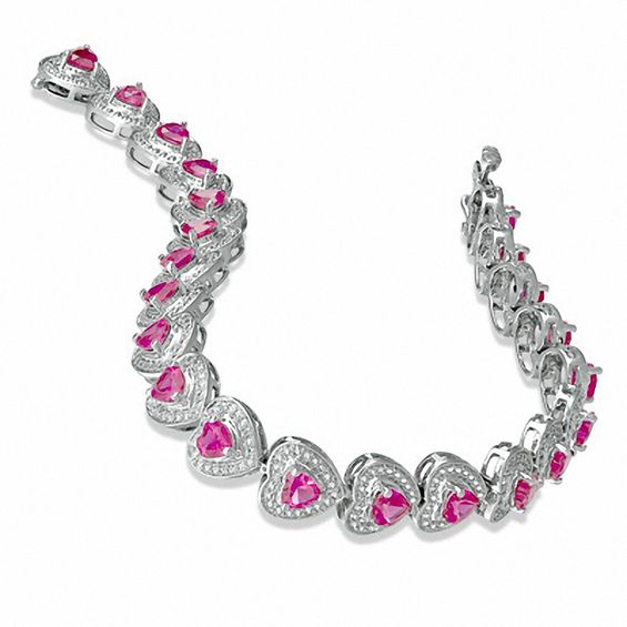 Heart-Shaped Lab-Created Ruby and Diamond Accent Bracelet in Sterling Silver - 7.25"