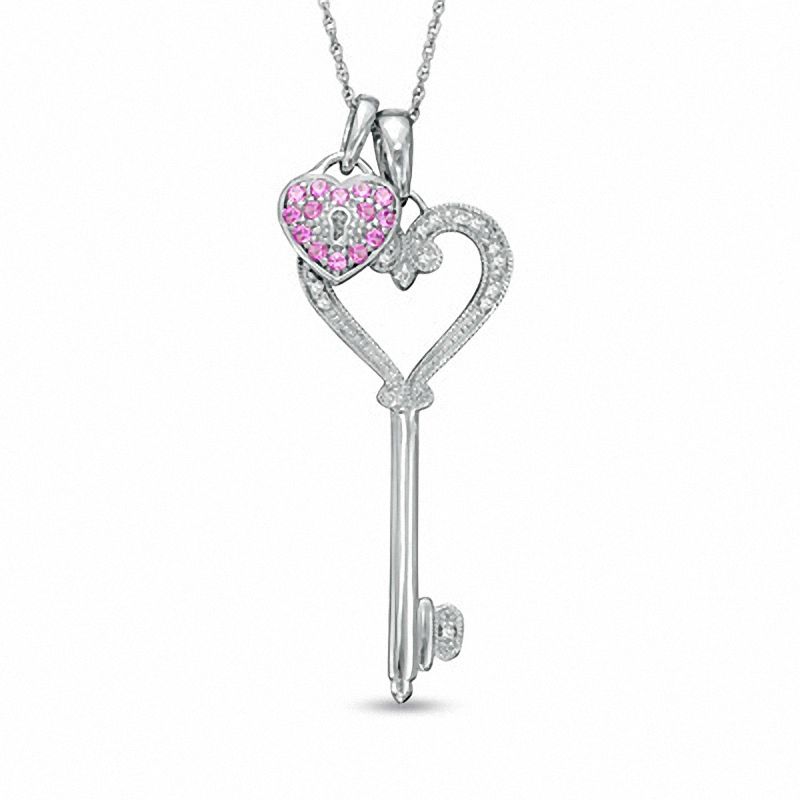 Lab-Created Pink Sapphire and Diamond Accent Heart Key and Lock Pendant Set in Sterling Silver