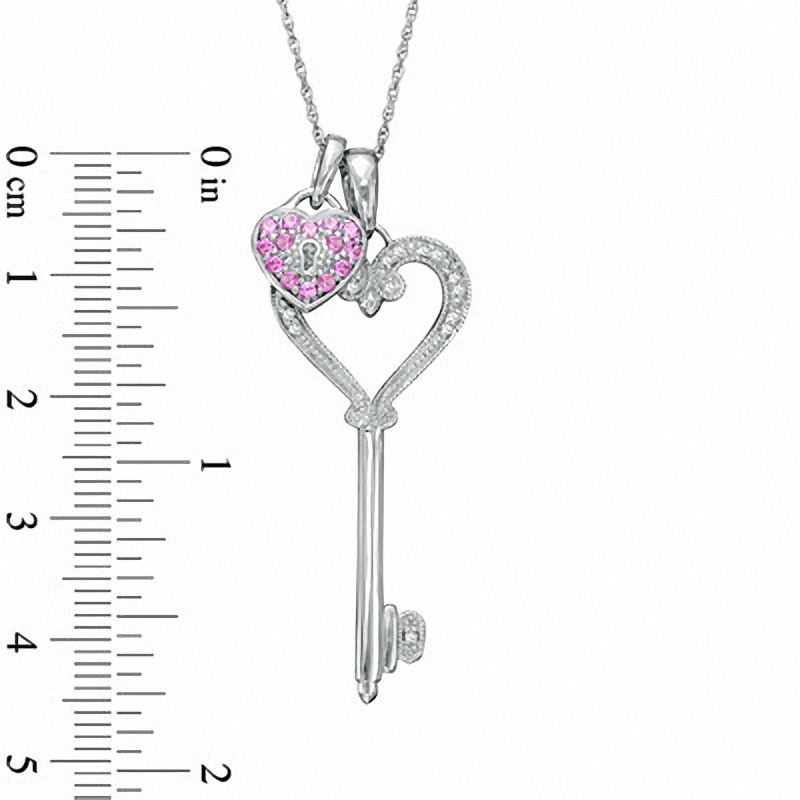 Lab-Created Pink Sapphire and Diamond Accent Heart Key and Lock Pendant Set in Sterling Silver