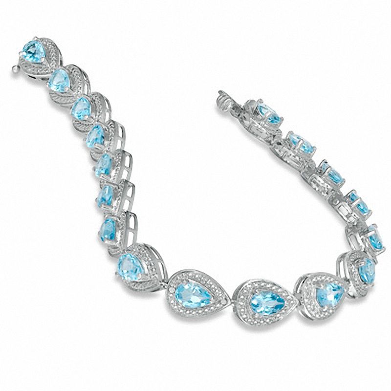 Main Image 2 of Pear-Shaped Swiss Blue Topaz and Diamond Accent Bracelet in Sterling Silver - 7.25&quot;
