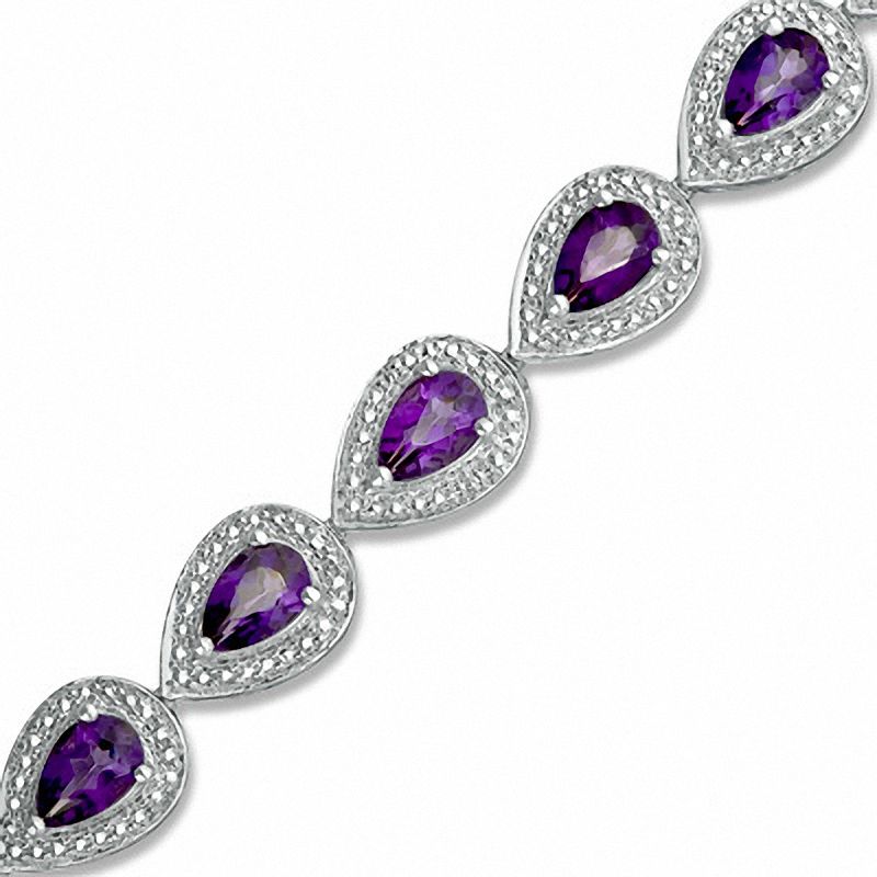 Pear-Shaped Amethyst and Diamond Accent Bracelet in Sterling Silver - 7.25"