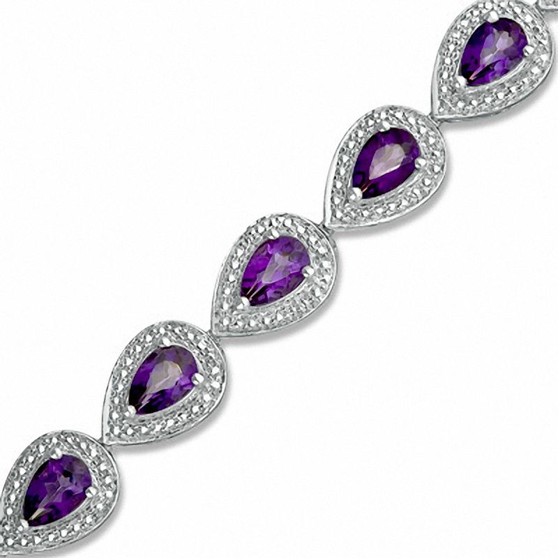 Main Image 1 of Pear-Shaped Amethyst and Diamond Accent Bracelet in Sterling Silver - 7.25"