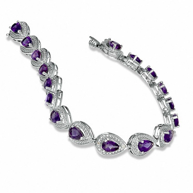 Pear-Shaped Amethyst and Diamond Accent Bracelet in Sterling Silver - 7.25"