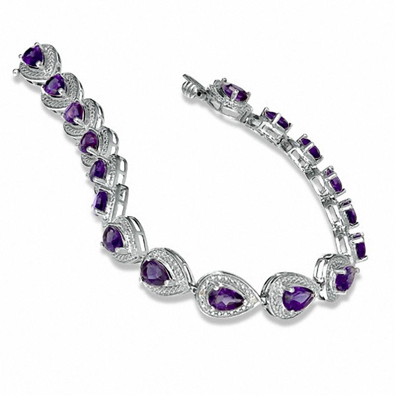 Main Image 2 of Pear-Shaped Amethyst and Diamond Accent Bracelet in Sterling Silver - 7.25"