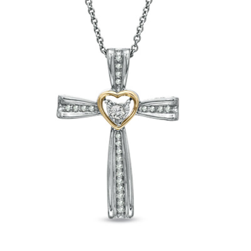 1/10 CT. T.W. Diamond Heart in Cross Pendant in Sterling Silver and 10K Rose Gold