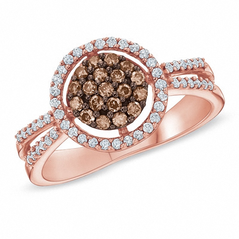 Main Image 1 of 1/2 CT. T.W. Champagne and White Diamond Frame Ring in 10K Rose Gold