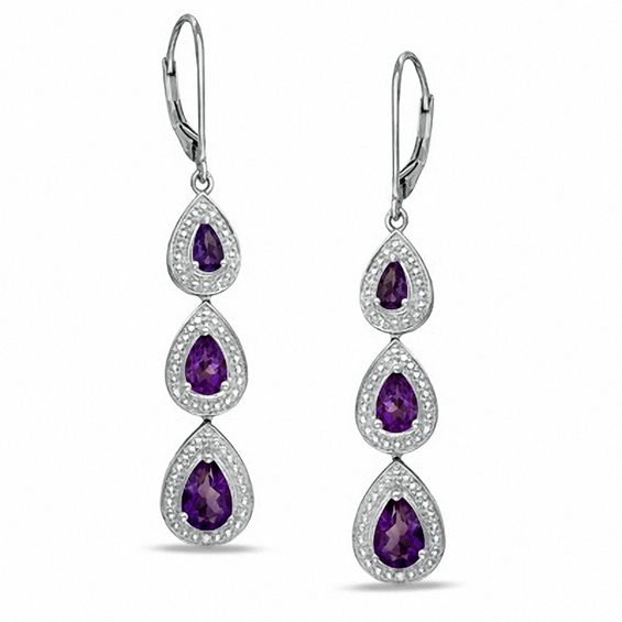 Pear-Shaped Amethyst and Diamond Accent Three Tier Drop Earrings in Sterling Silver